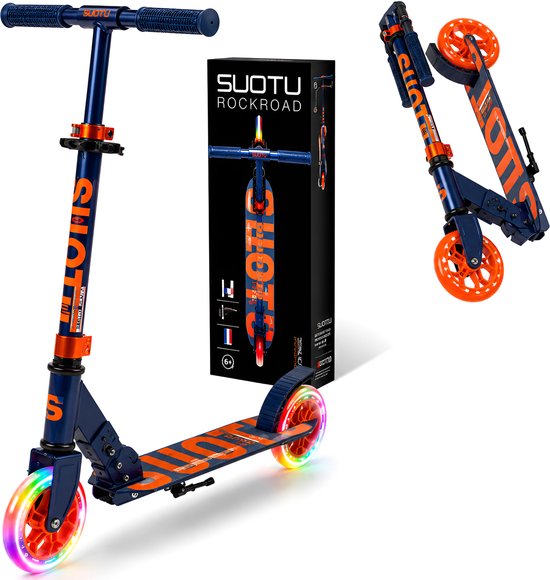 Suotu Kinderstep - 145mm Lichtgevende Wielen - Step - Speelgoed Jongens/Meisjes - Max stuurhoogte: 85 cm - Aluminium - Blauw/Oranje