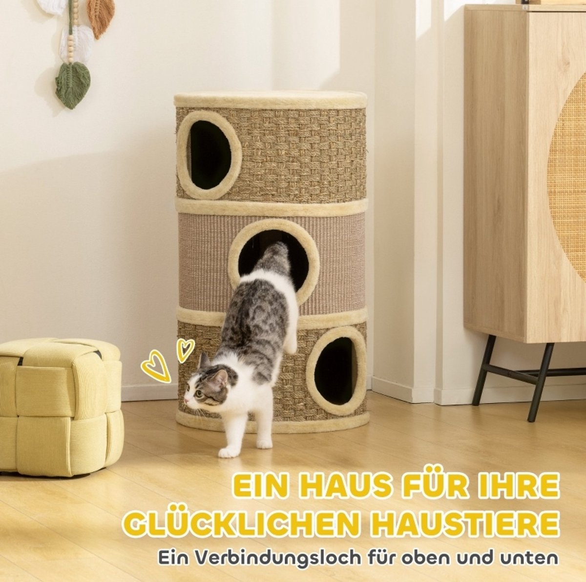 Krabton 79 cm - 3 niveaus - Diameter 45 cm - Sisal en Polyester - Khaki Bruin - Kattenhol voor grote katten