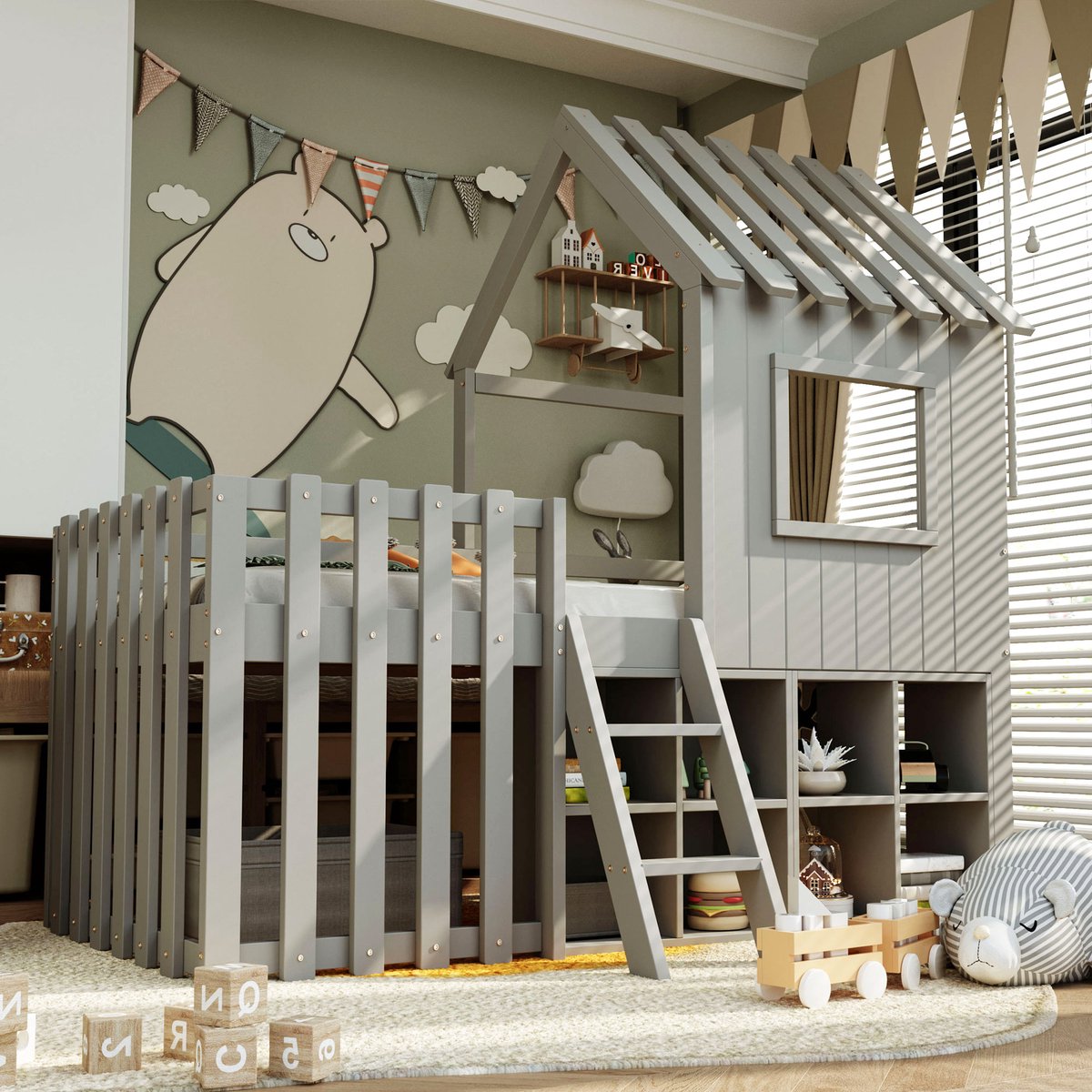 COVREO Kinderbed hoogslaper 204,5x95x201 cm grijs van hout met dak, ramen en opbergruimte