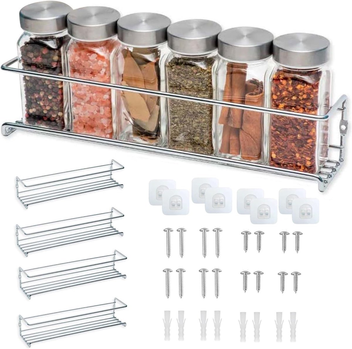 SnelShoppen - Kruidenrek aan de muur set van 4, hangend zonder boren, metaal kruidenrek wandrek voor keuken, doucheplank, multifunctioneel en stijlvol