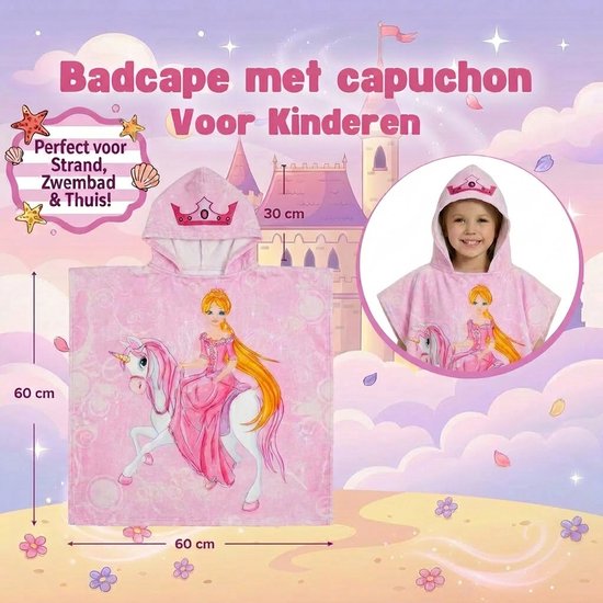 Poncho Handdoek Prinses met Eenhoorn - Kinder Badponcho met Capuchon - Strandponcho - Badcape - Sneldrogende Strandhanddoek - Roze - Polyester - Meisjes - Vanaf 3 Jaar — afbeelding 4