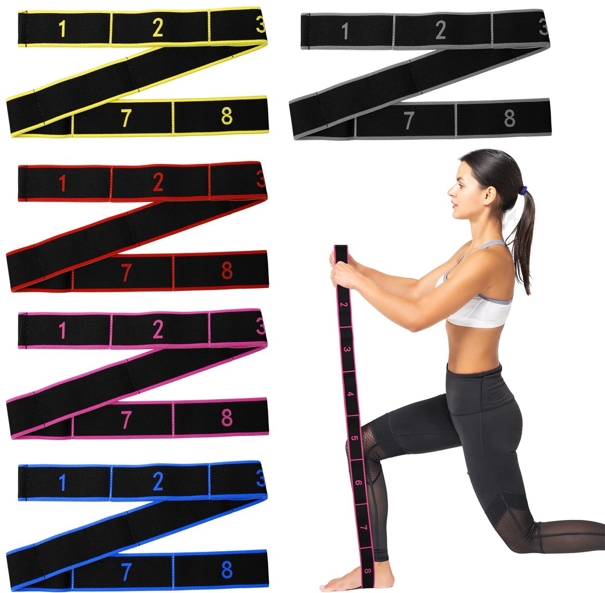 SnelShoppen - 5 Stuks Yoga Stretchbanden met 8 Lussen - Verstelbare Weerstandsbanden voor Fitness, Pilates, Danstraining - 5 Kleuren - Ideaal voor Thu