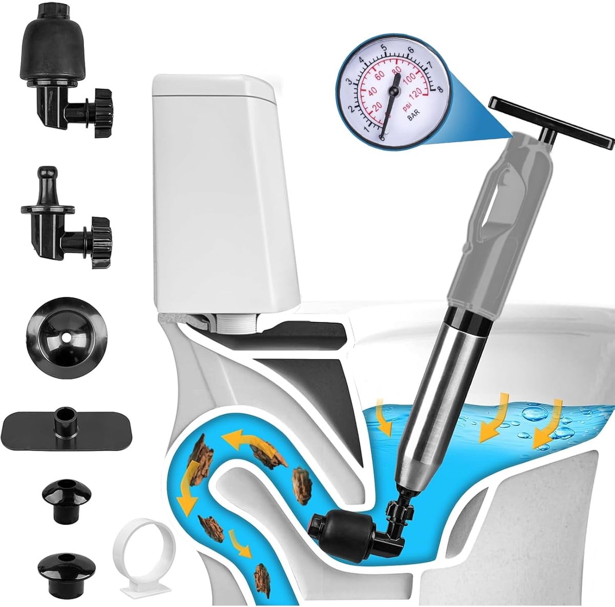 SnelShoppen - WC Ontstopper met Hogedrukzuignap en Barometer, 3 Zuigerkoppen, Opblazer voor Gootsteen, Badkuip en Douche, 4 Accessoires Compleet in Gr