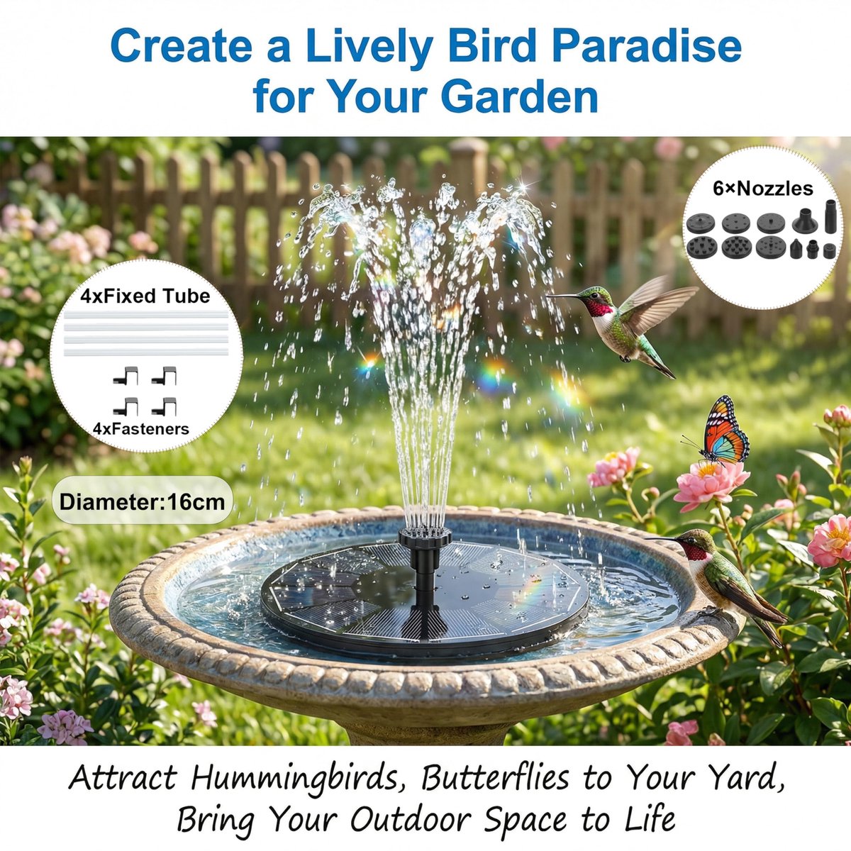 SnelShoppen - 3,5 W Zonne-Energie Fountain voor Buiten, Drijvende Vijverpomp met 4 Steunstangen, Ingebouwde 1500 mAh Batterij, Waterpomp met 6 Fontein