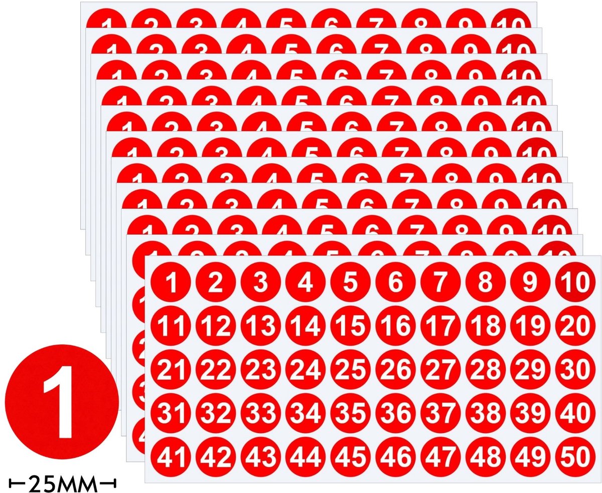 Genummerde Stickers Rood 1 t/m 50 – 10 Vellen – Ronde Nummer stickers 25MM – Zelfklevende Etiketten groot