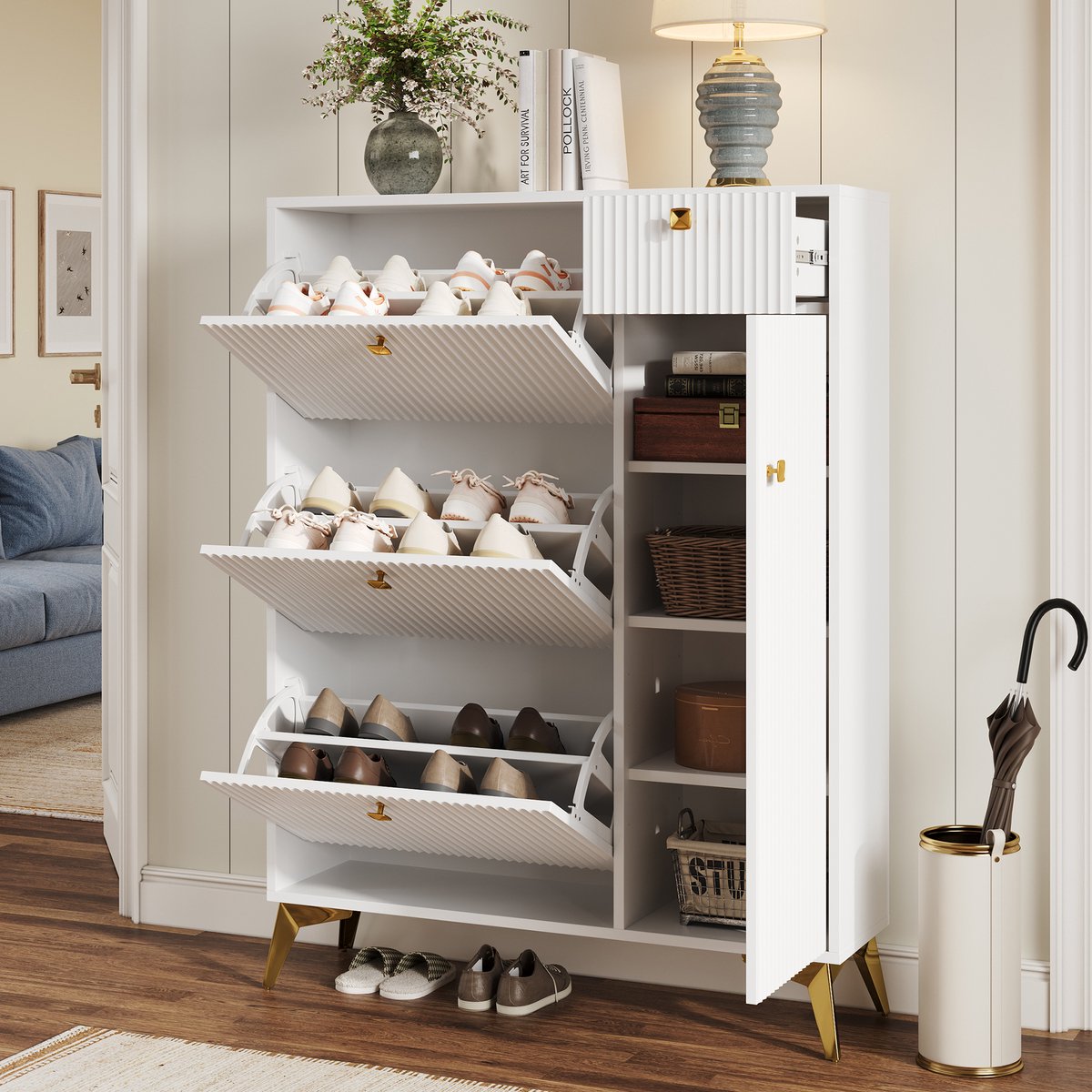 Schoenenkast - Met 3 klepdeuren, 1 lade, 1 deur & golvend design - 90x121x25 cm - Wit