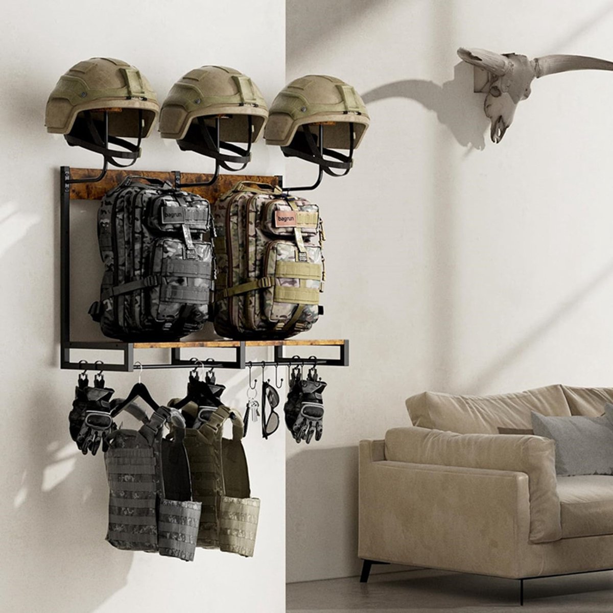 Kapstok – Helmhouder voor wandmontage – Met 6 handschoenvakken & haken – Van ijzerhout – Display-organizer voor helmen, uitrusting & accessoires – 82 x 33 x 58,5 cm Kapstok – Helmhouder voor