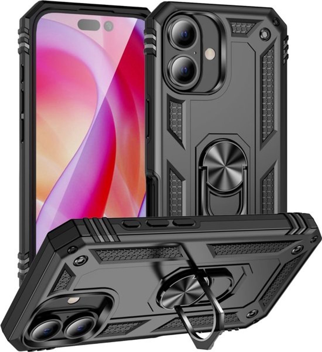 Hybrid Armor Backcover met Kickstand Ring – Geschikt voor Apple iPhone 13 & 14 – Zwart