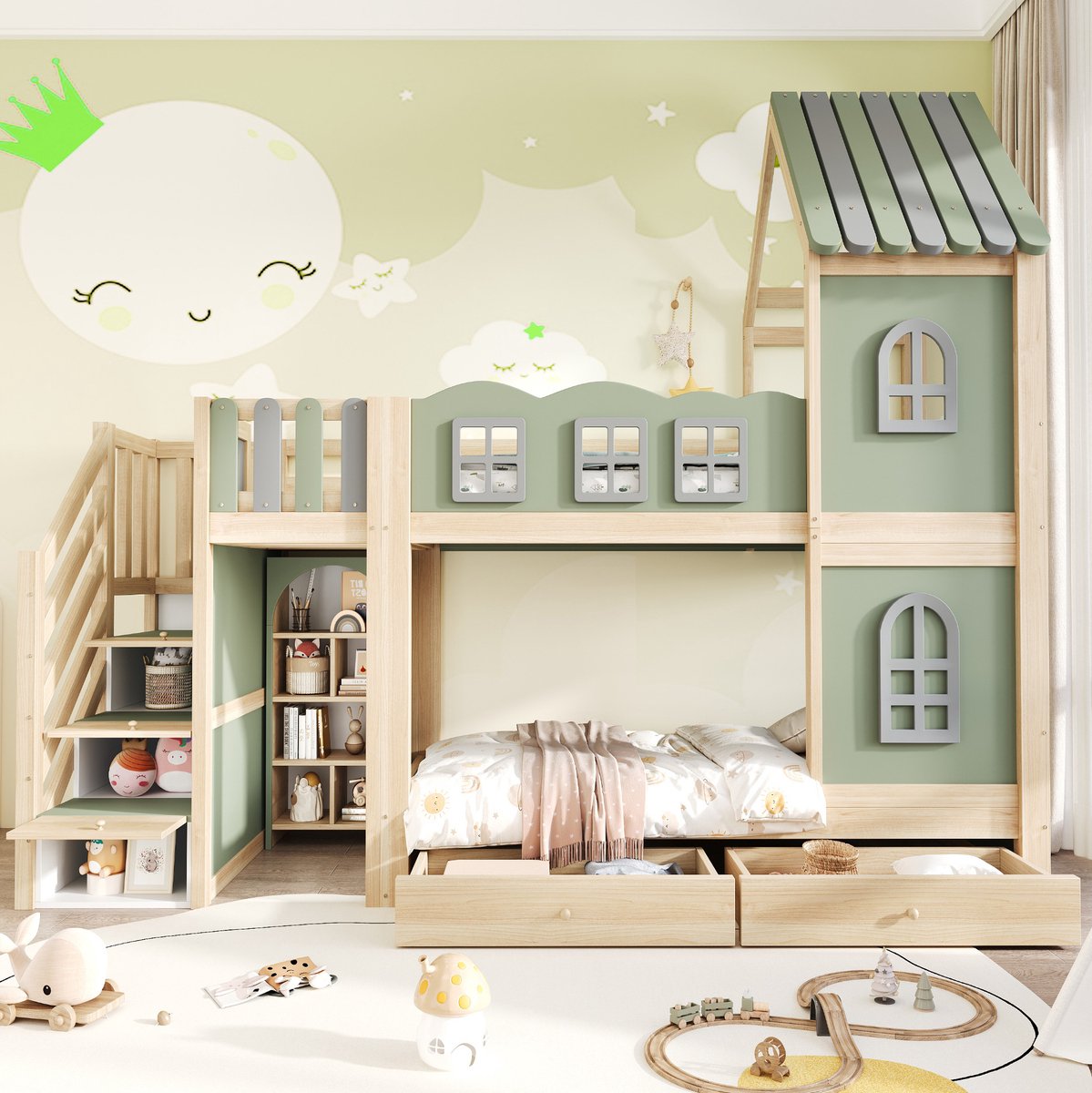 MODFU Stapelbed - Huis - Groen - 90 X 200 Cm