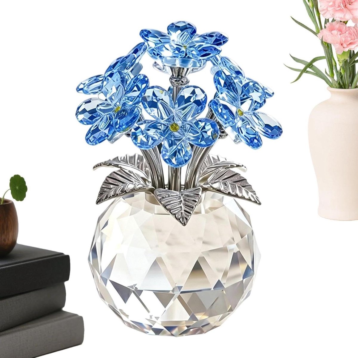 Kristallen Bloembeeld - Bloemen Beeldje - Woonkamer Decoratie - Realistisch Ontwerp - 11x7 cm - Blauw