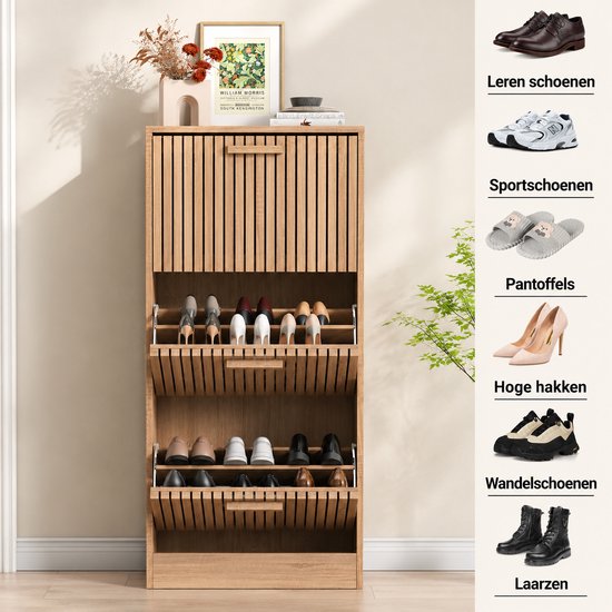 Casa Living Schoenenkast - Schoenenrek - Opbergkast - Kast - 60x24x113cm - Hout - Rotan - Anti kantel - Japandi - Eikenhout