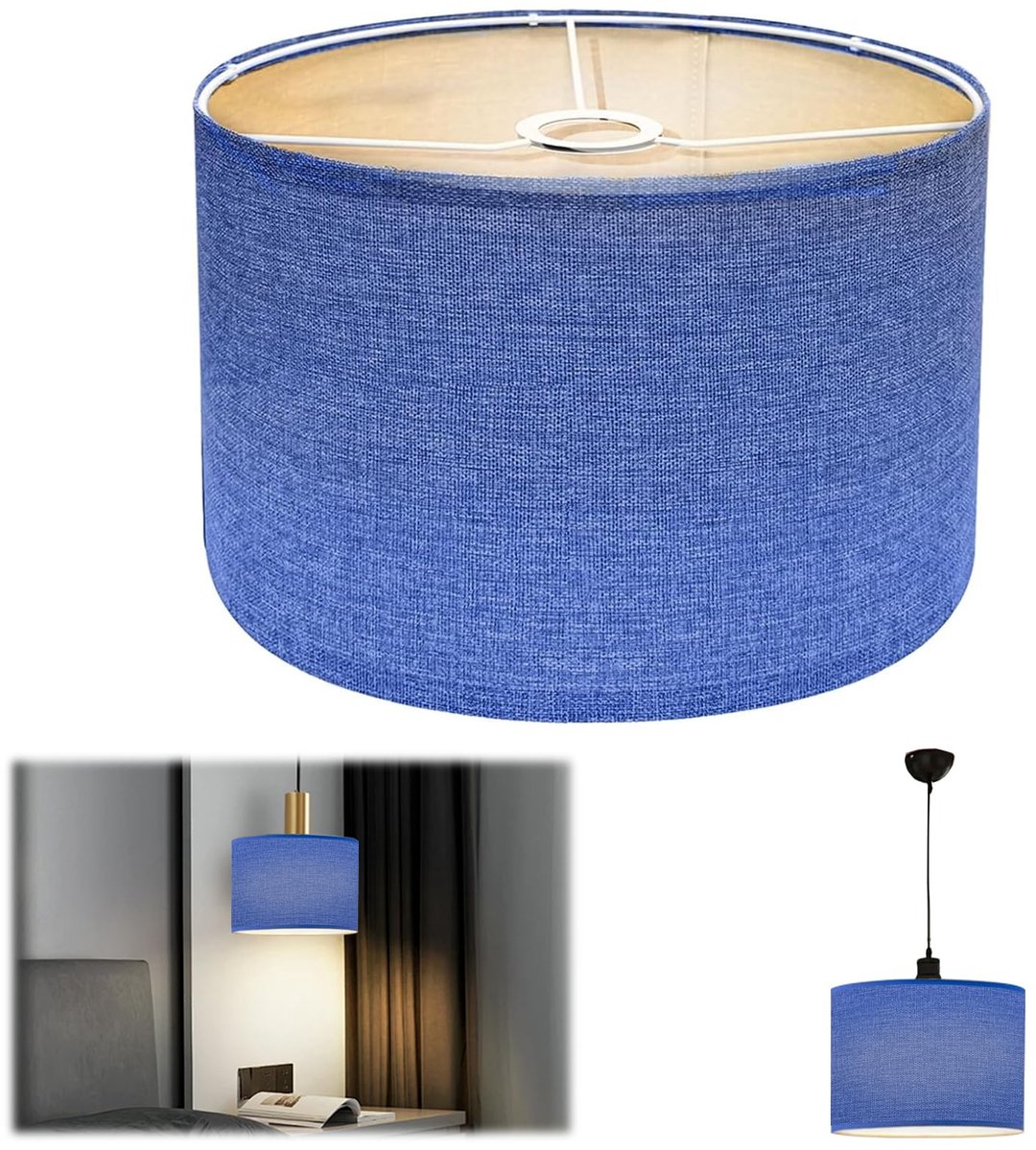 SnelShoppen - Ronde stoffen lampenkap blauw, handgemaakt linnen lampenkap voor staande lamp, tafellamp en bedlamp, E27-fitting, 30 x 30 x 20 cm