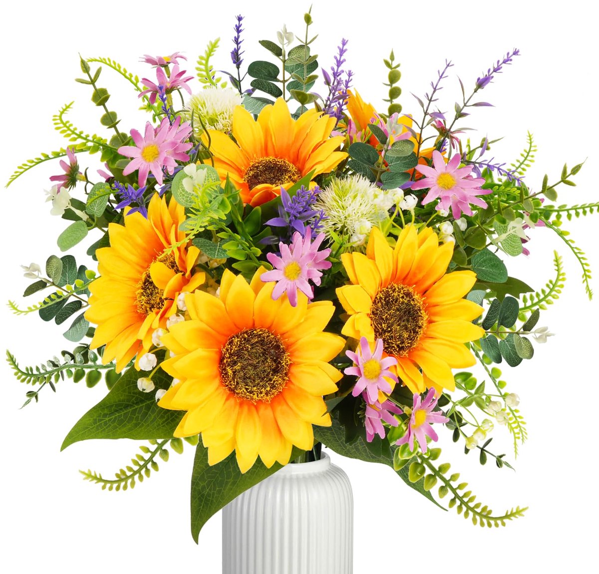 SnelShoppen - Kunstzonnebloemen en Roze Madeliefjes Boeket met Eucalyptus - Zijde Bloemen voor Bruiloft Tafeldecoratie en Woonkamer - Lavendel Kleur -