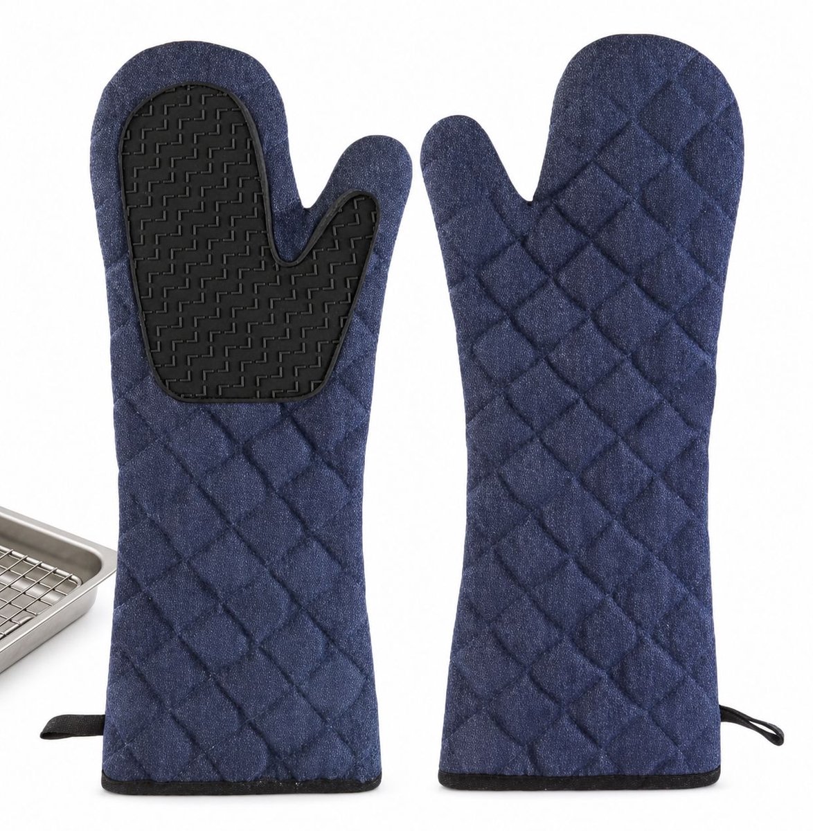 VHV - Ovenwanten Extra Lang - Hittebestendige Denim Handschoenen met Siliconen - Voor Bakken, Grillen en Koken