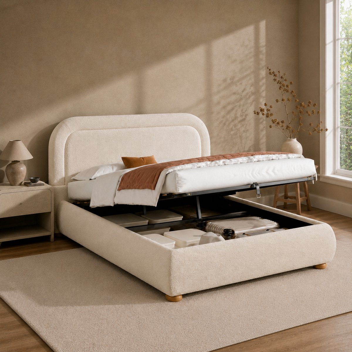 COVREO Bed 140x200 cm beige bouclé, met hoofdbord en opbergruimte