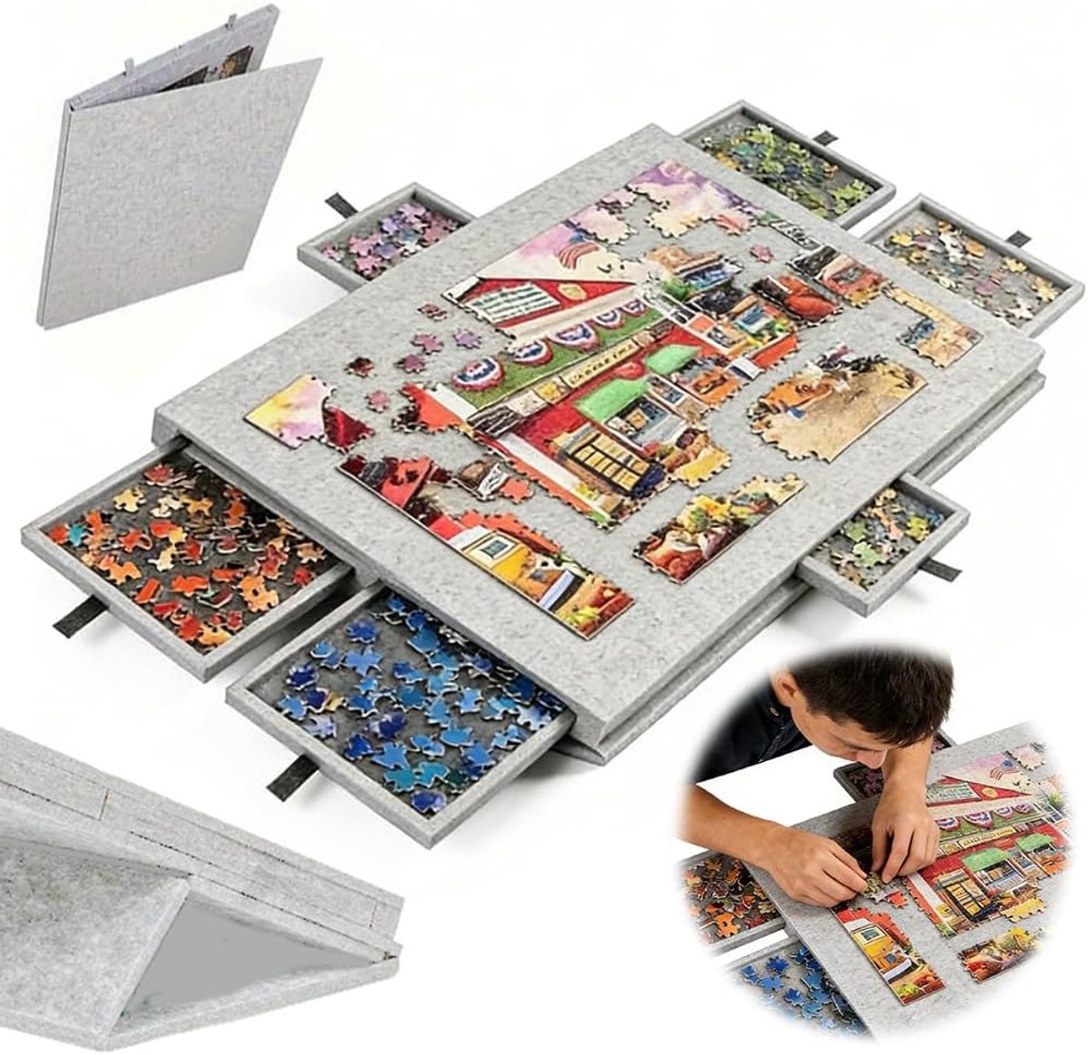 Kantelbare puzzelplank met 2-in-1 standaard en afdekking - lichtgewicht vilten puzzelplank met 6 laden voor volwassenen - draagbare vilten puzzeltafel voor maximaal 1000 stukjes - puzzelplateau