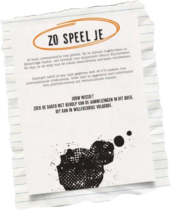 Papieren document met de titel 'ZO SPEEL JE' en tekst over een misdaadonderzoek, met zwarte inktvlekken onderaan.