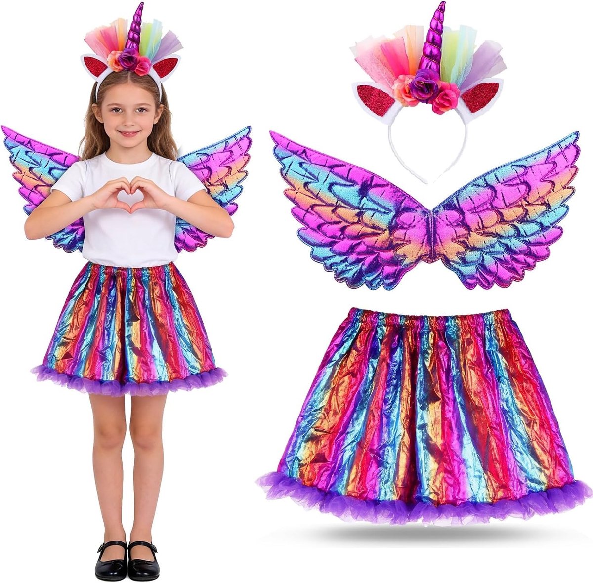 Magisch Eenhoorn Kostuum voor Kinderen, 3-delig, Regenboog Kostuum voor Meisjes, Carnaval, Feest, Cosplay, Themafeest, Inclusief Hoofdband en Vleugels