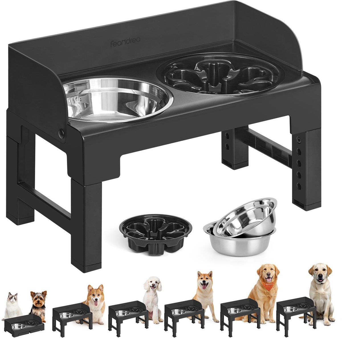 Feandrea Raised Dog Bowl, Feeding Bowl with Stand, Height Adjustable and Tilting Feeding Station, 2 Trays of 304 Stainless Steel, 1 Bowl for ONE Slow Eating, Ink Black PRB103B01