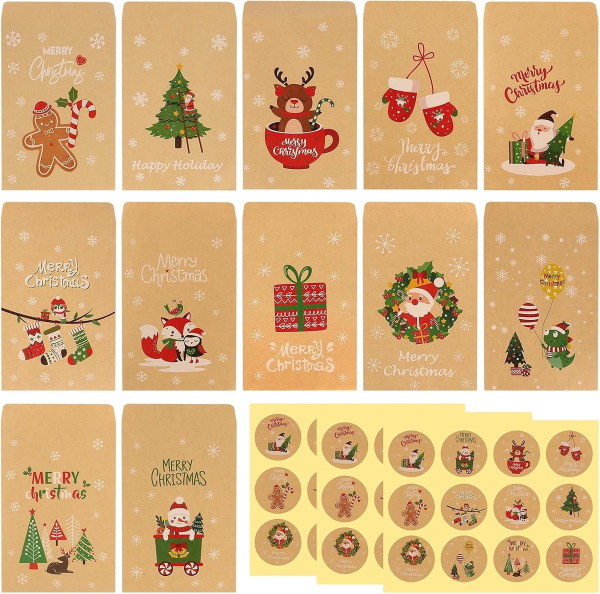 48 Stuks Papieren Kerst Mini Cadeauzakjes 3 x 11 cm met Stickers voor Adventskalender, Koekjes en Snoepjes Decoratie