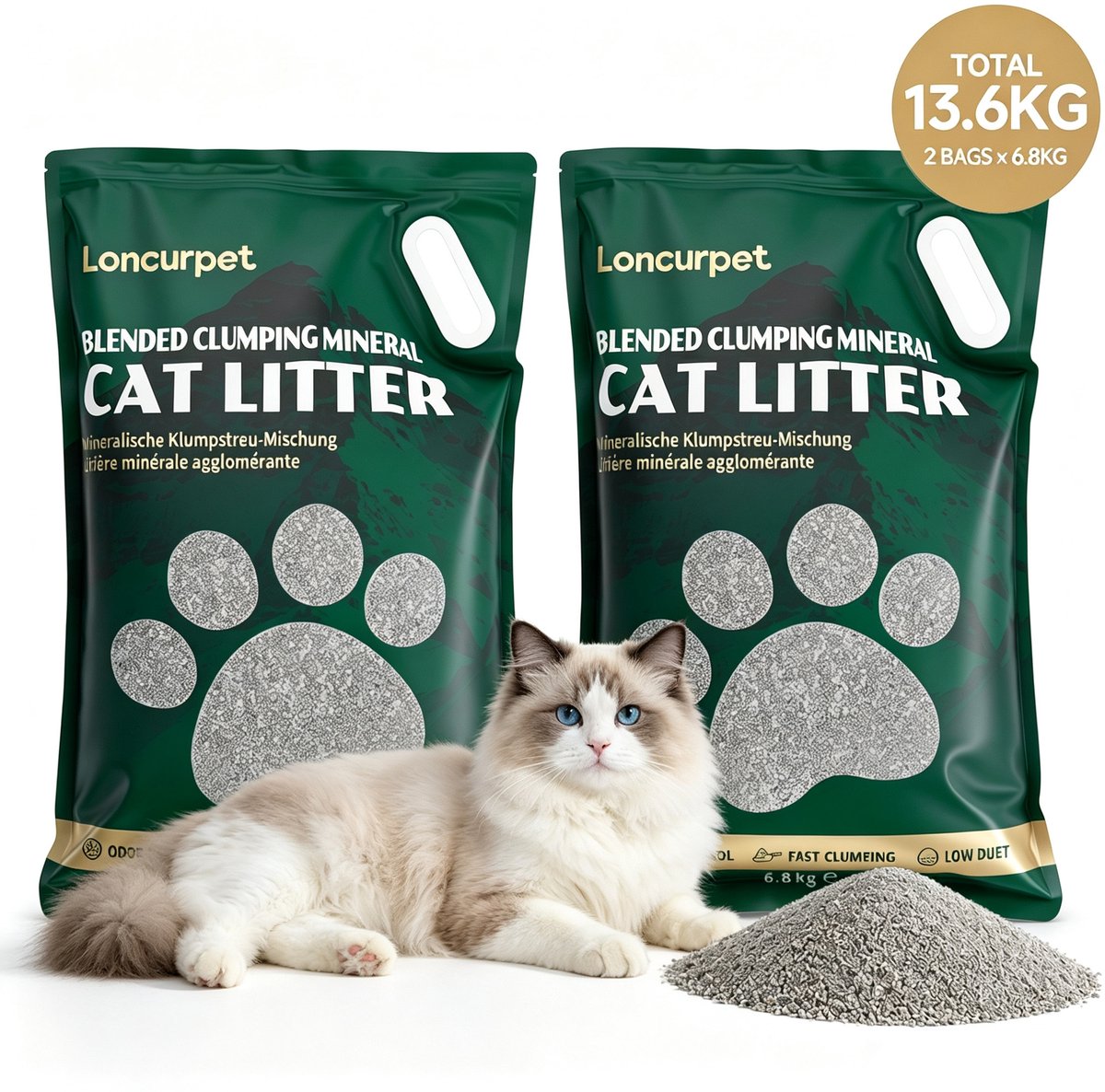 Loncurpet - Kattenbakvulling - Natuurlijk Ruw Erts Kattengrind - 2 x 6,8kg - Snelle Klontvorming - 100% Stofvrij - Plakt Niet - Geurneutraal voor gevoelige katten