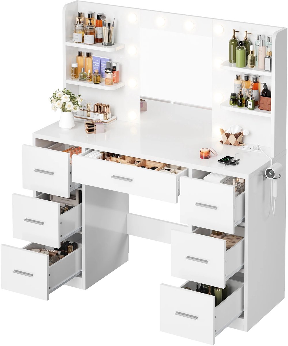Cellista Kaptafel met Spiegel - Make-up Tafel - Kaptafel met LED Verlichting - 7 Laden - Stopcontact - 2 USB Poorten - 10 LED Lampen - 110 x 40 x 137 cm