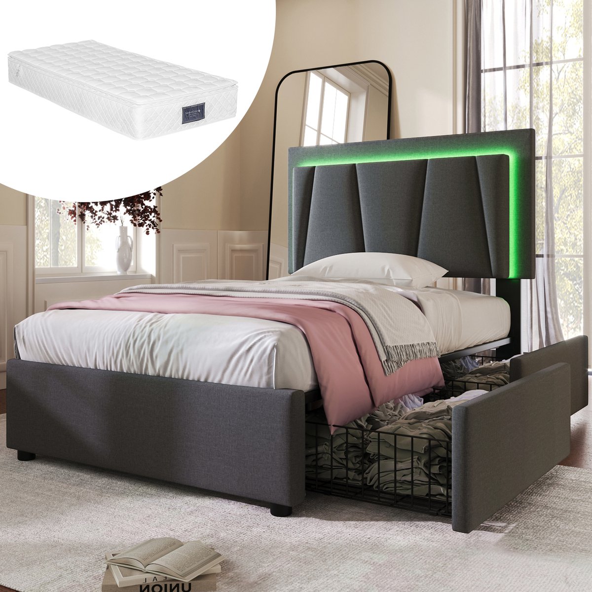 Bedframe - 90x200 Cm - Bed - Met Lattenbodem - Met Opbergruimte - LED - Grijs - Met Matras