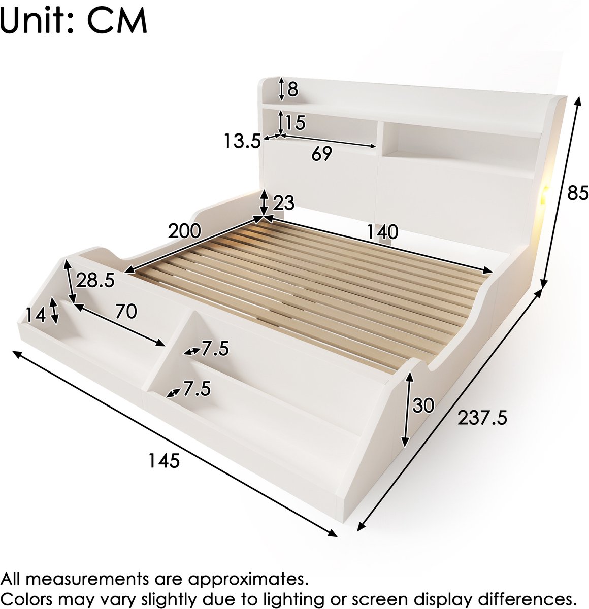 Bedframe - 140x200 Cm - Bed - Met Lattenbodem - LED - Wit - Zonder Matras