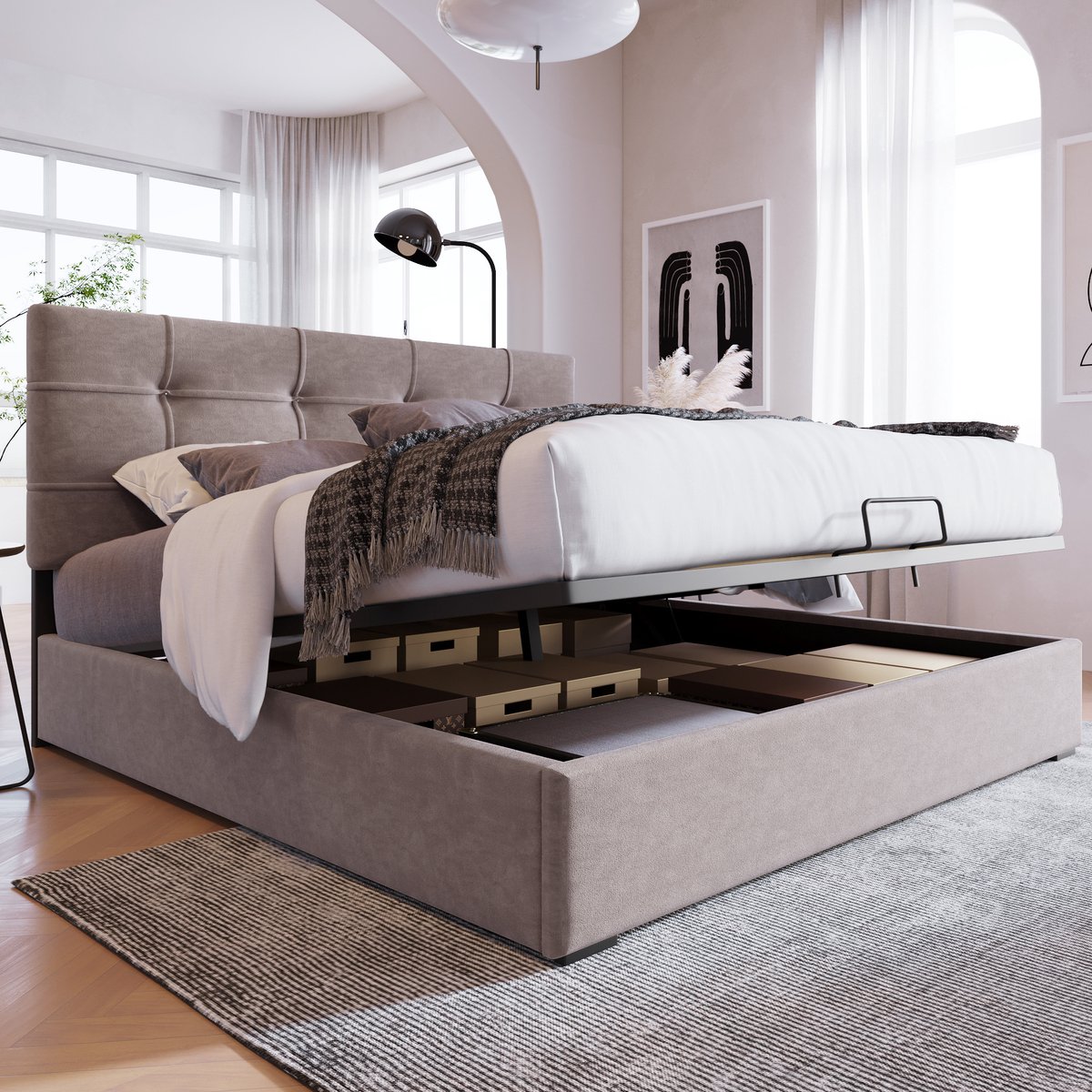 Bedframe - 140x200 Cm - Bed - Met Lattenbodem - Met Opbergruimte - Grijs - Zonder Matras