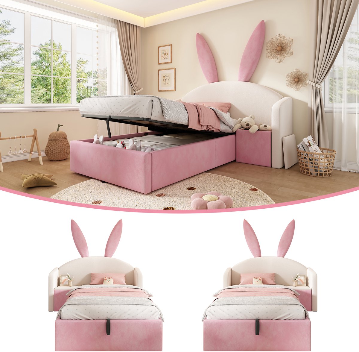 Bedframe - 90x200 Cm - Bed - Met Lattenbodem - Met Opbergruimte - Beige - Zonder Matras