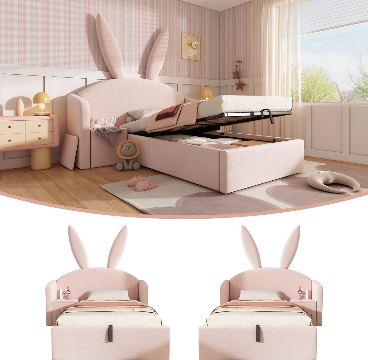 Bedframe - 90x200 Cm - Bed - Met Lattenbodem - Met Opbergruimte - Rose - Zonder Matras