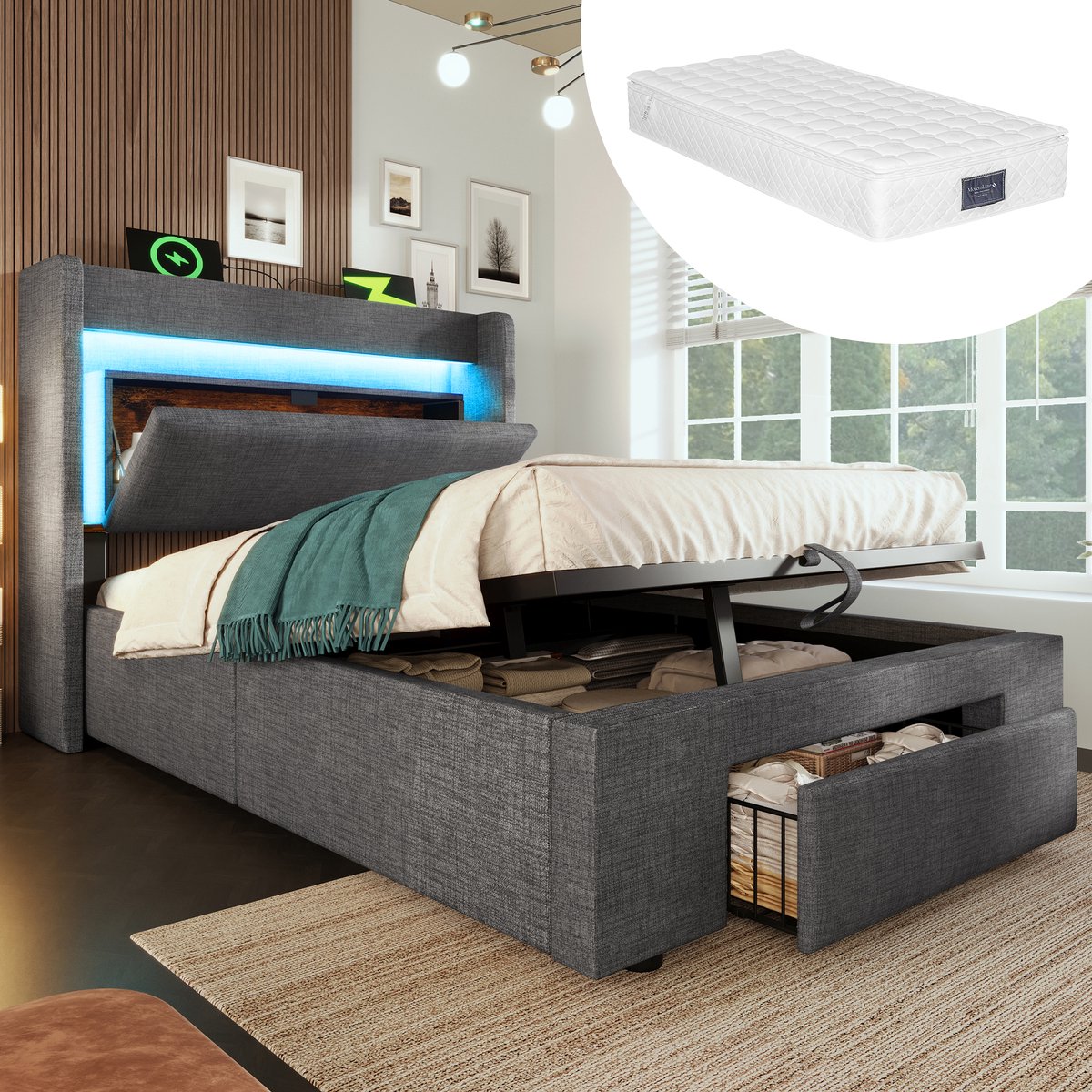 Bedframe - 90x200 Cm - Bed - Met Lattenbodem - Met Opbergruimte - LED - USB C - Grijs - Met Matras