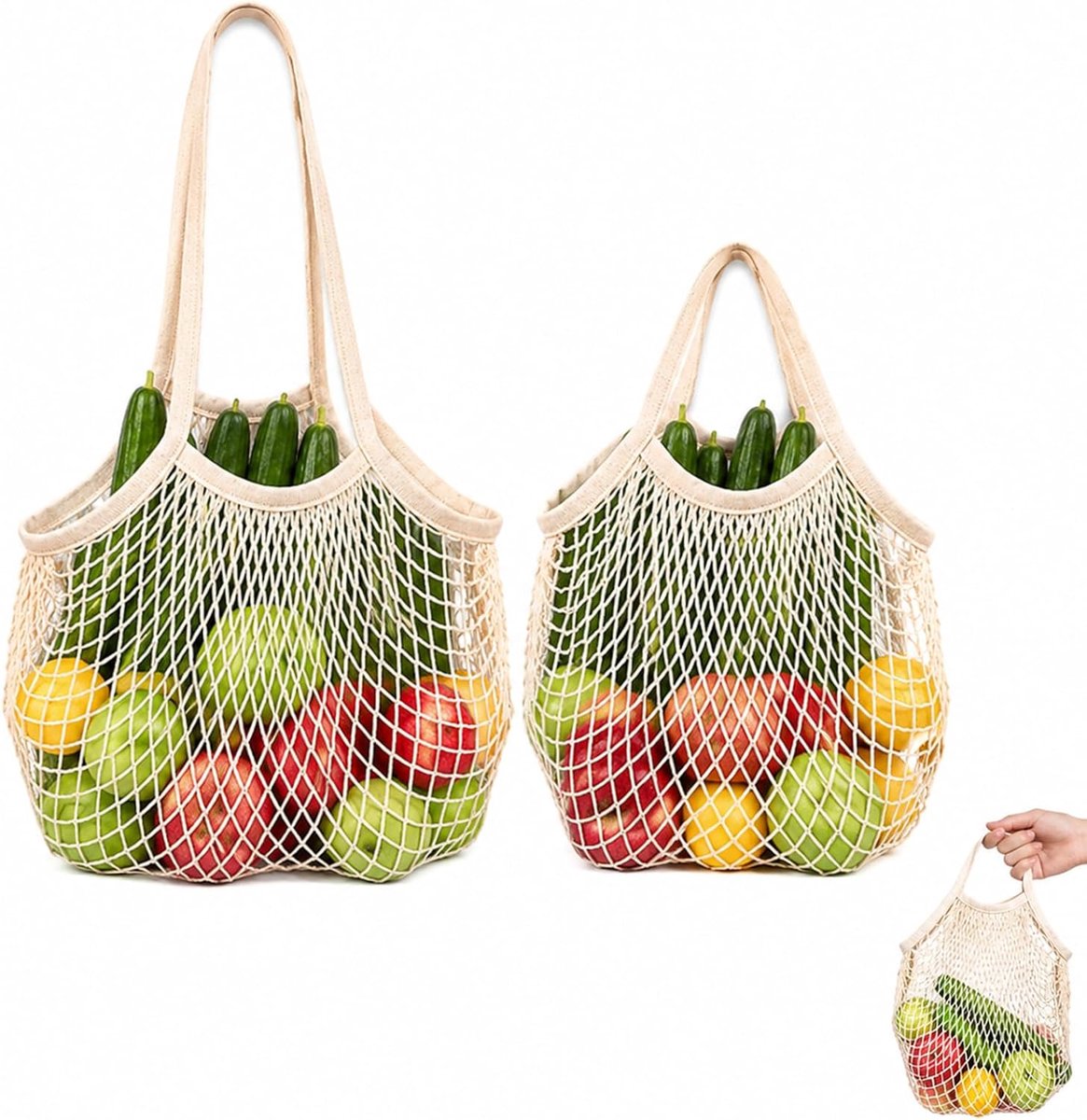 2 Stück Baumwoll Einkaufsnetz mit langen Henkeln – Obstnetz, Shopping Netztasche & Mesh Bag für Sandspielzeug, wiederverwendbar – Bio-Baumwolle, tragstark, faltbar & was