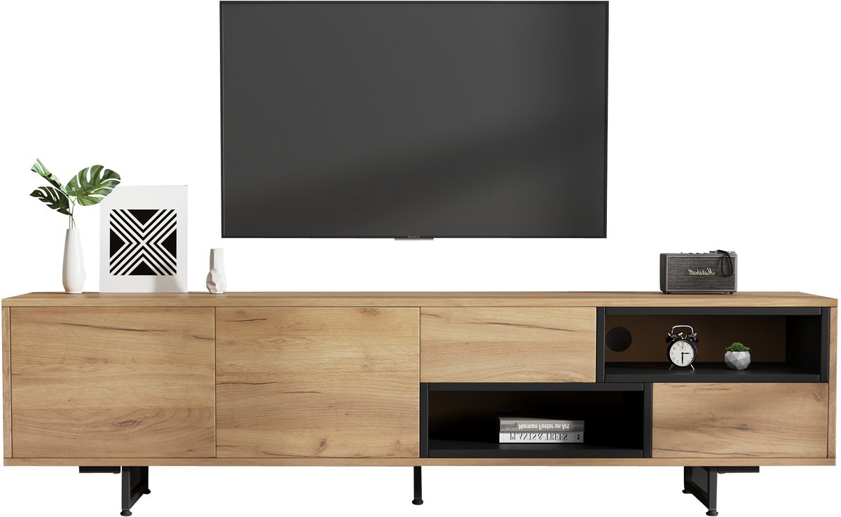 TV Meubel - 173 cm Met Zwarte Open Vakken TV Lowboard - Hout en Zwart
