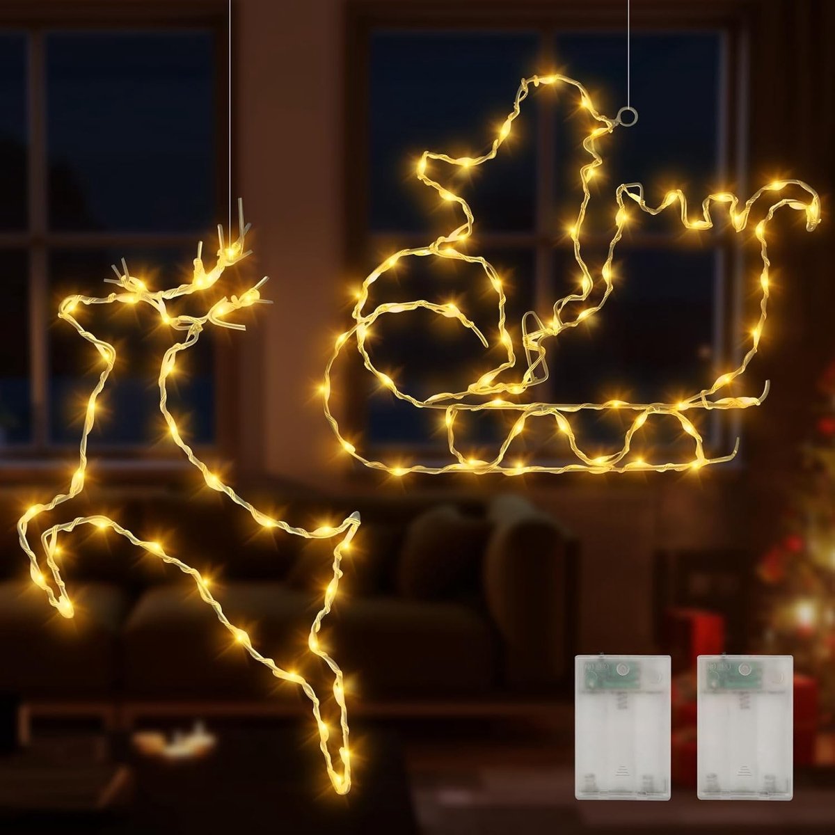Kerstverlichting voor Ramen - Wit - 32 cm - LED Decoratie met Rendieren en Slee - Voor Binnengebruik