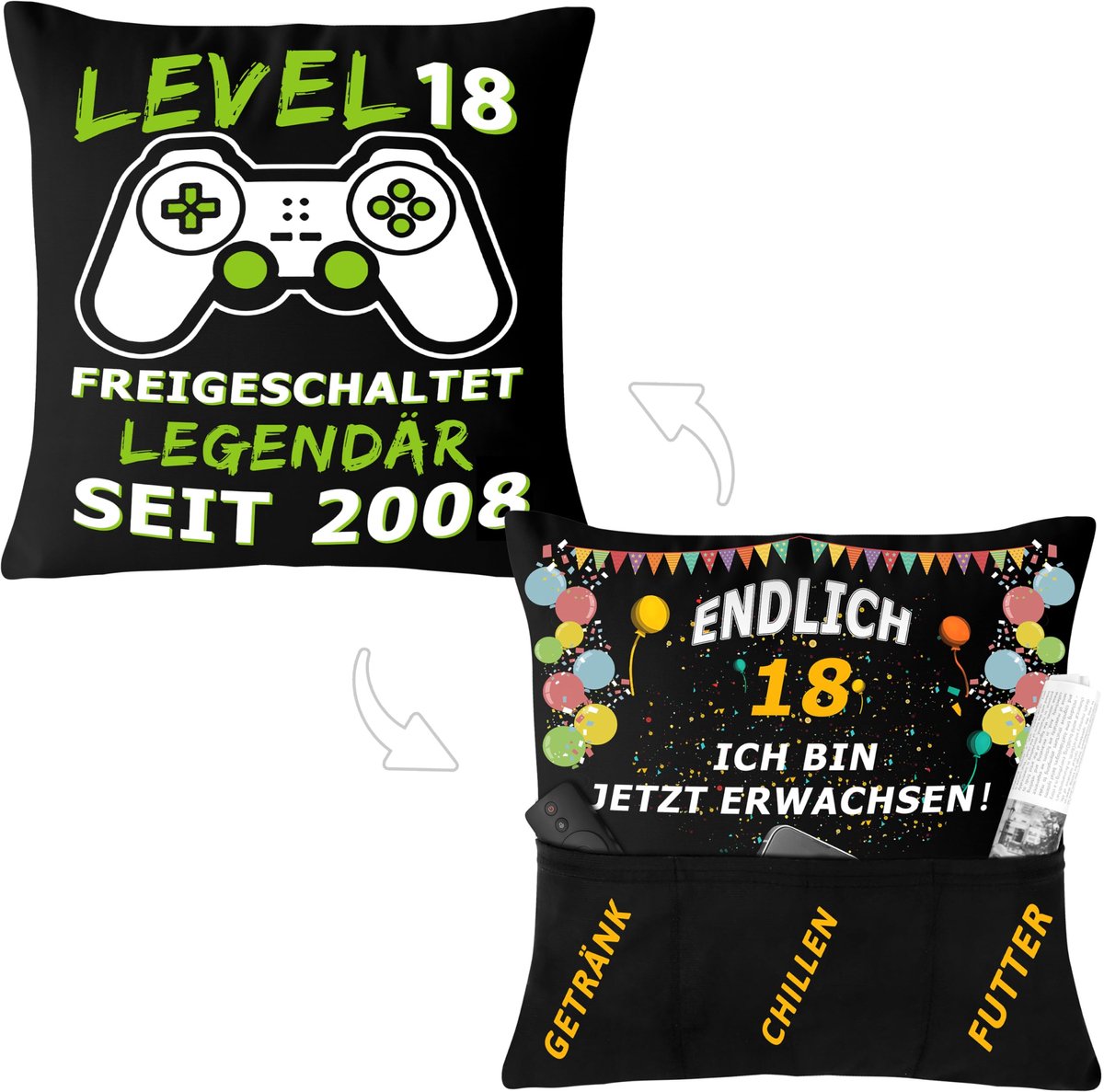 Kussenhoes 45x45 cm voor 18e verjaardag met gaming ontwerp