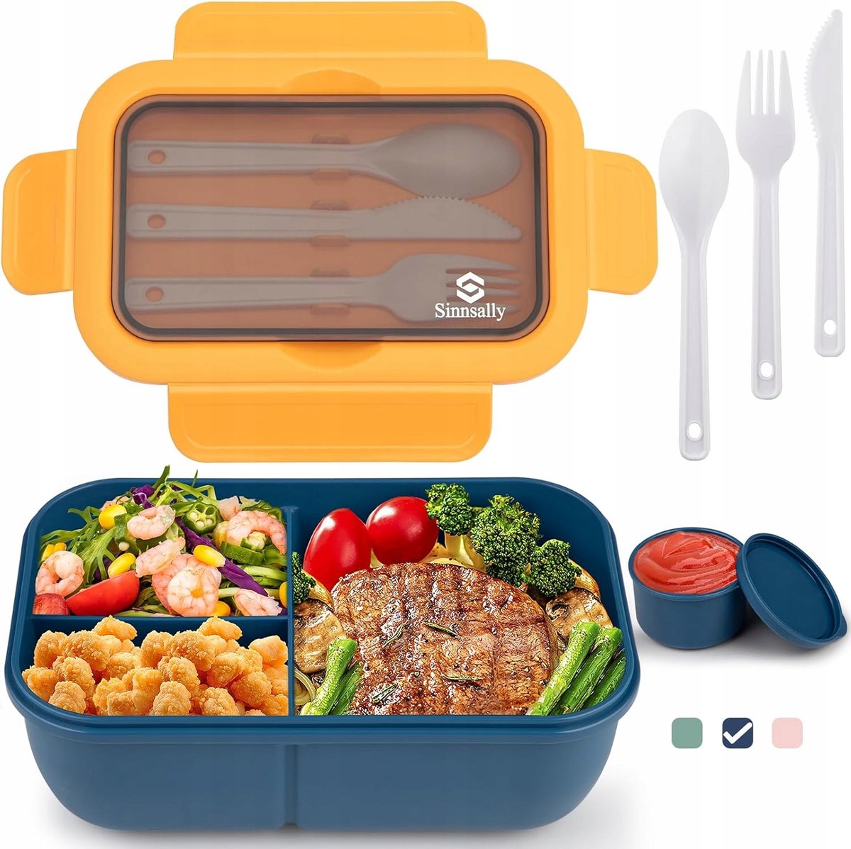 LUNCHBOX met 3 vakken en bestek, 1.25L, lekvrij, BPA-vrij