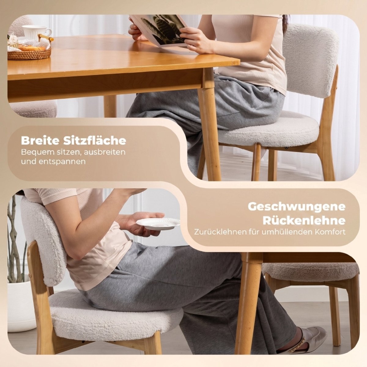 COVREO Eetkamerstoel 46,5 x 52 x 80 cm creme hout, set van 2 met bouclé Cream