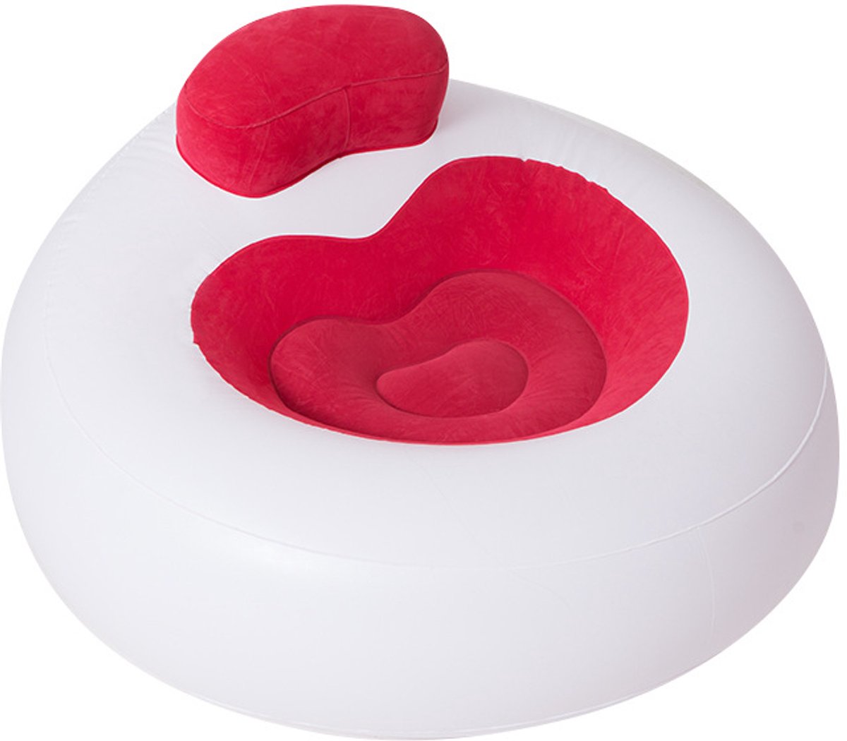Wit-rode ronde opblaasbare fauteuil met fluweelzitting en los neksteunkussen, comfortabele opblaaszetel van PVC voor woonkamer, slaapkamer en tuin