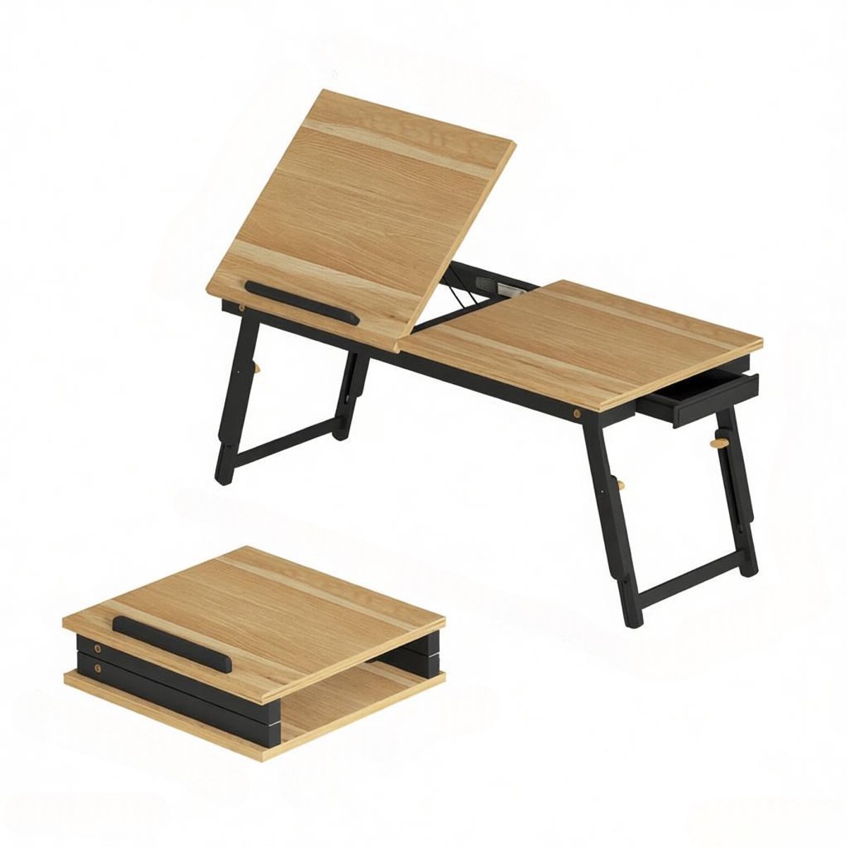 COVREO Bedtafel 83,5 x 33 x 23,5-34 cm, zwart eiken bamboe MDF, met lade