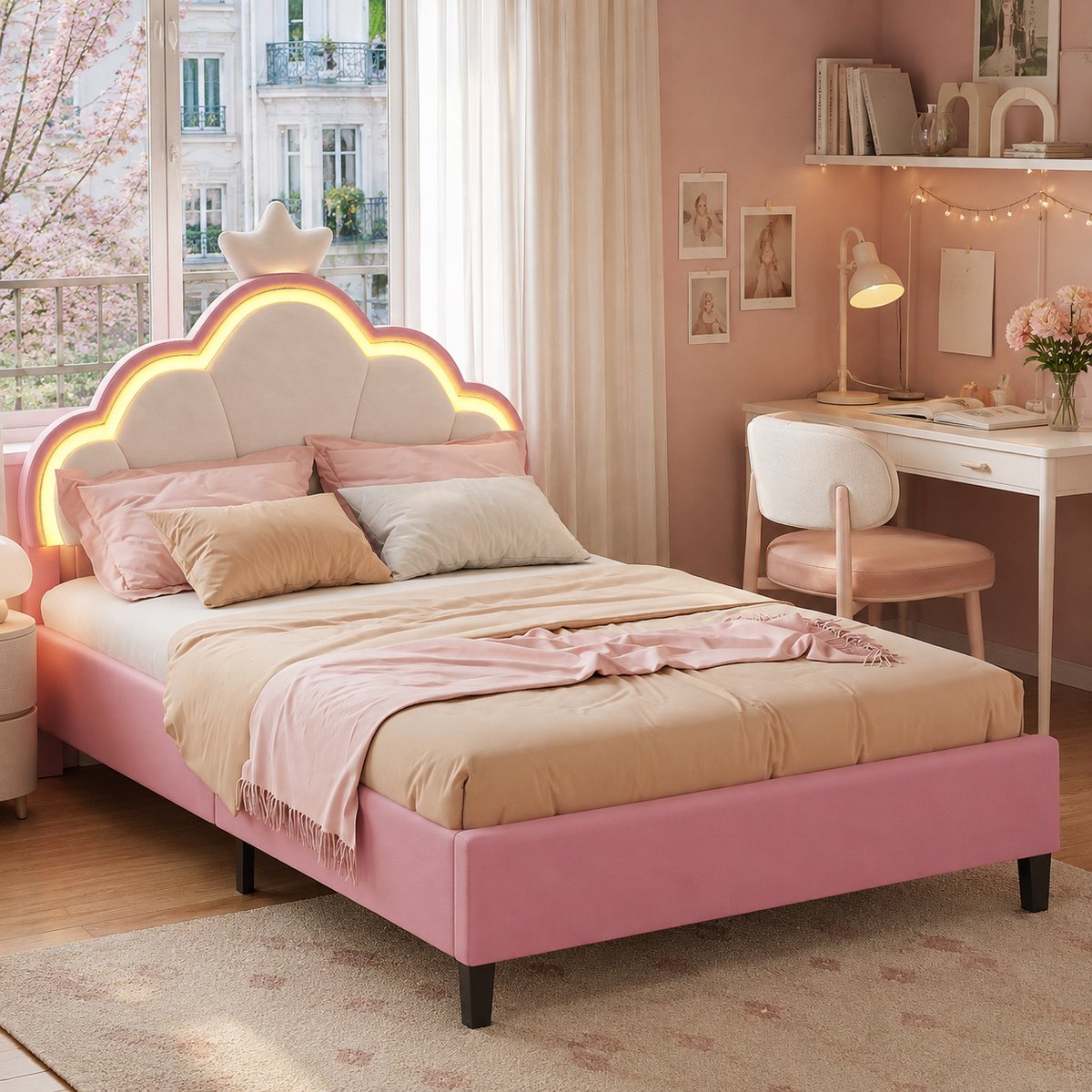 Eenpersoonsbed 90x190 cm, Kinderbed met ledverlichting en verstelbaar hoofdeinde, kroonpatroon, meisjesbed, bedframe 90x190 - Flanel Roze (matras niet inbegrepen)