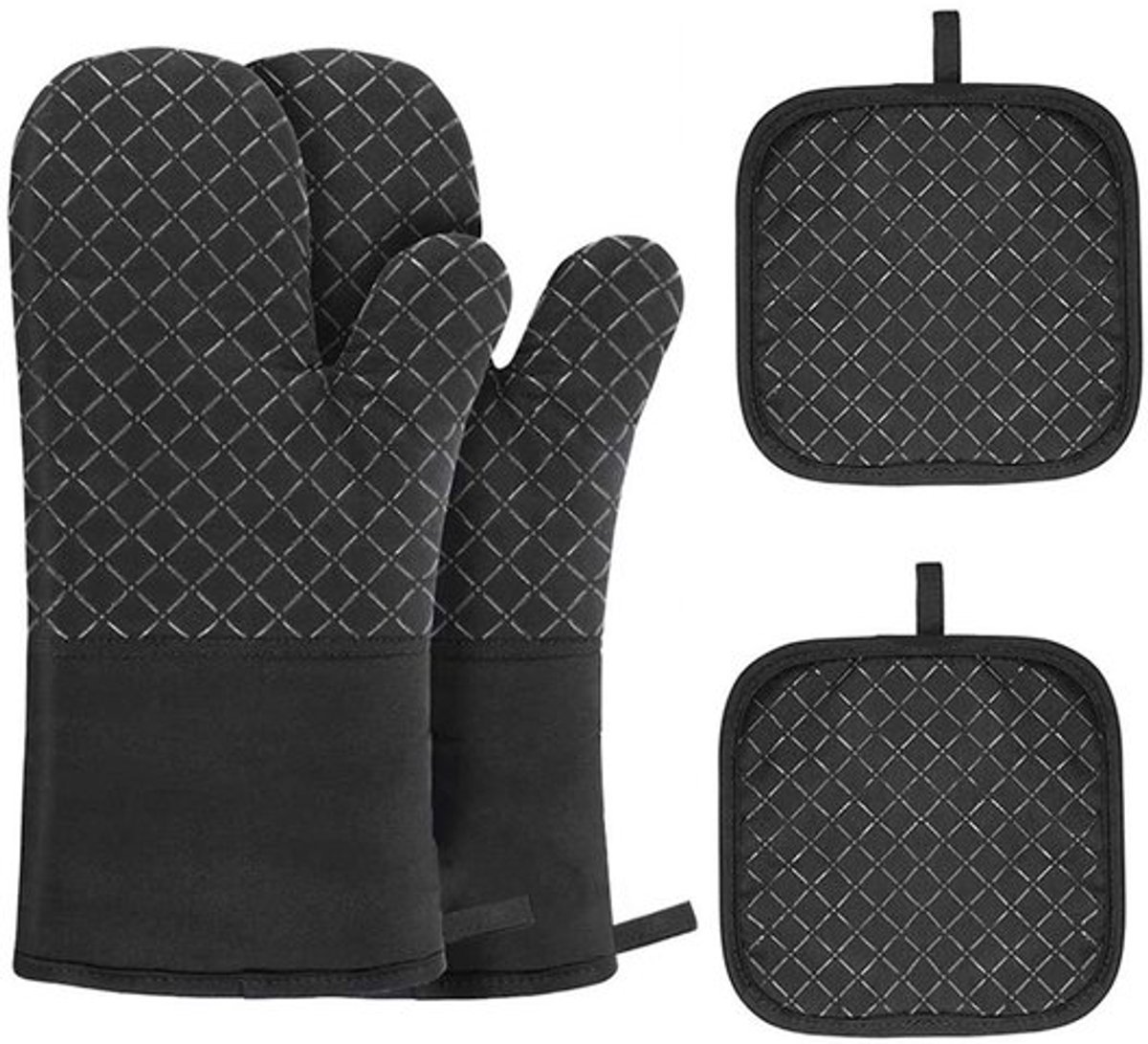 4 stuks - Silicone isolerende handschoenen - puur katoen - verdikte verlenging - slijpbestendig tegen hoge temperaturen - geschikt voor een magnetron bakoven - hete handschoenen - zwart (handschoenen 2 + mat 2)