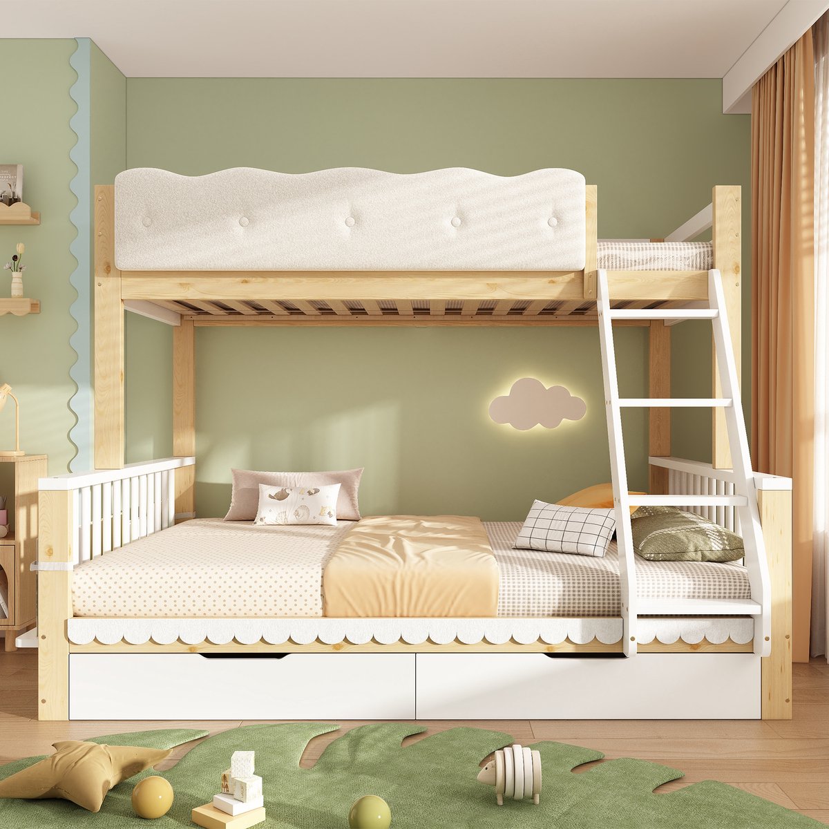 Stapelbed 90x200cm - 140x200cm - kinderbed met wolkenhekje - lades en tijdschriftenrek - wit en houtkleur - zonder matras