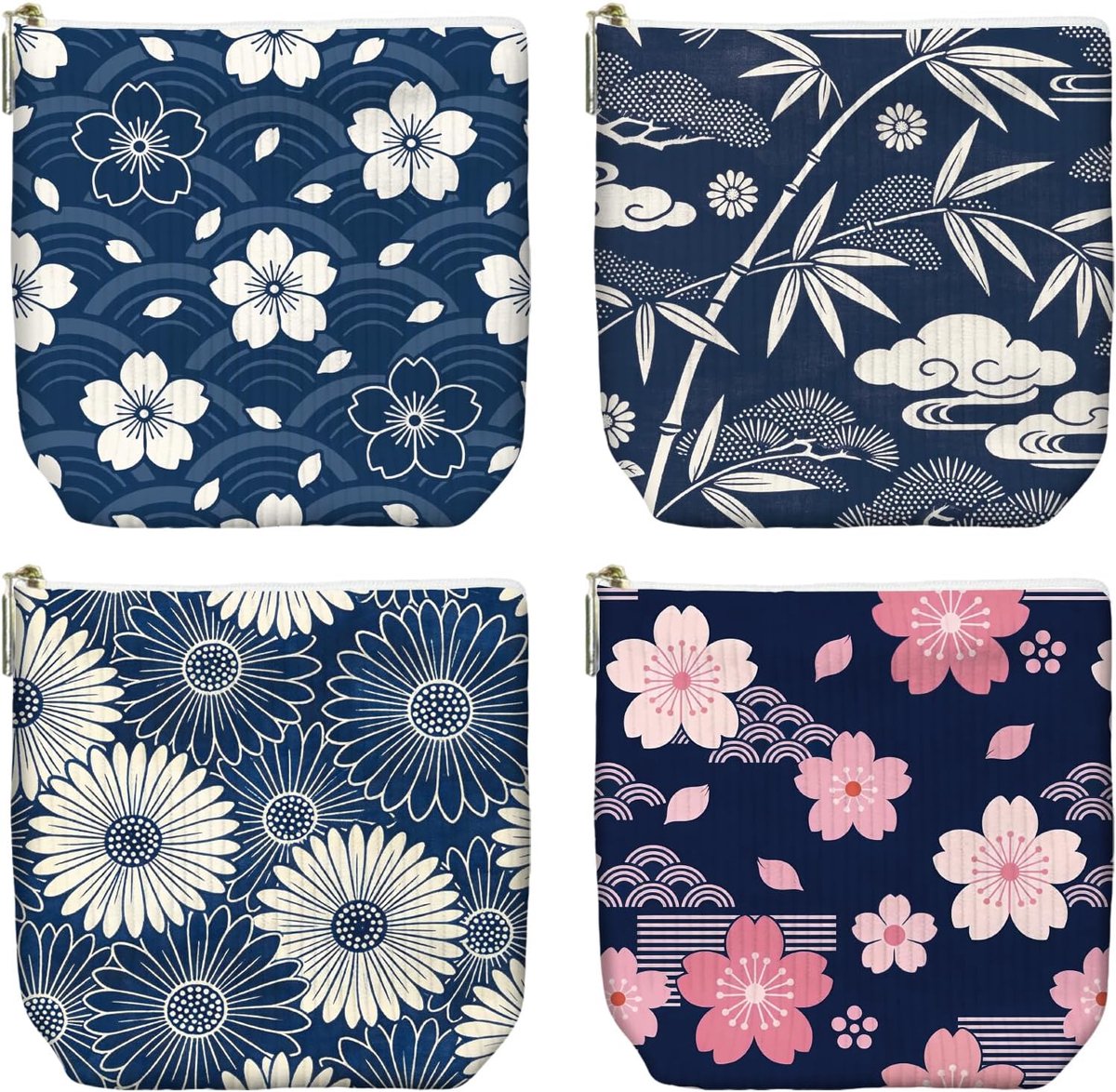 Set van 4 kleine make-uptassen van corduroy - make-uptassen voor dames met draagbare cosmetica en toilettas voor handtassen - Japanse stijl met bamboe - Japanischer Stil Mit Bambus - Japanse