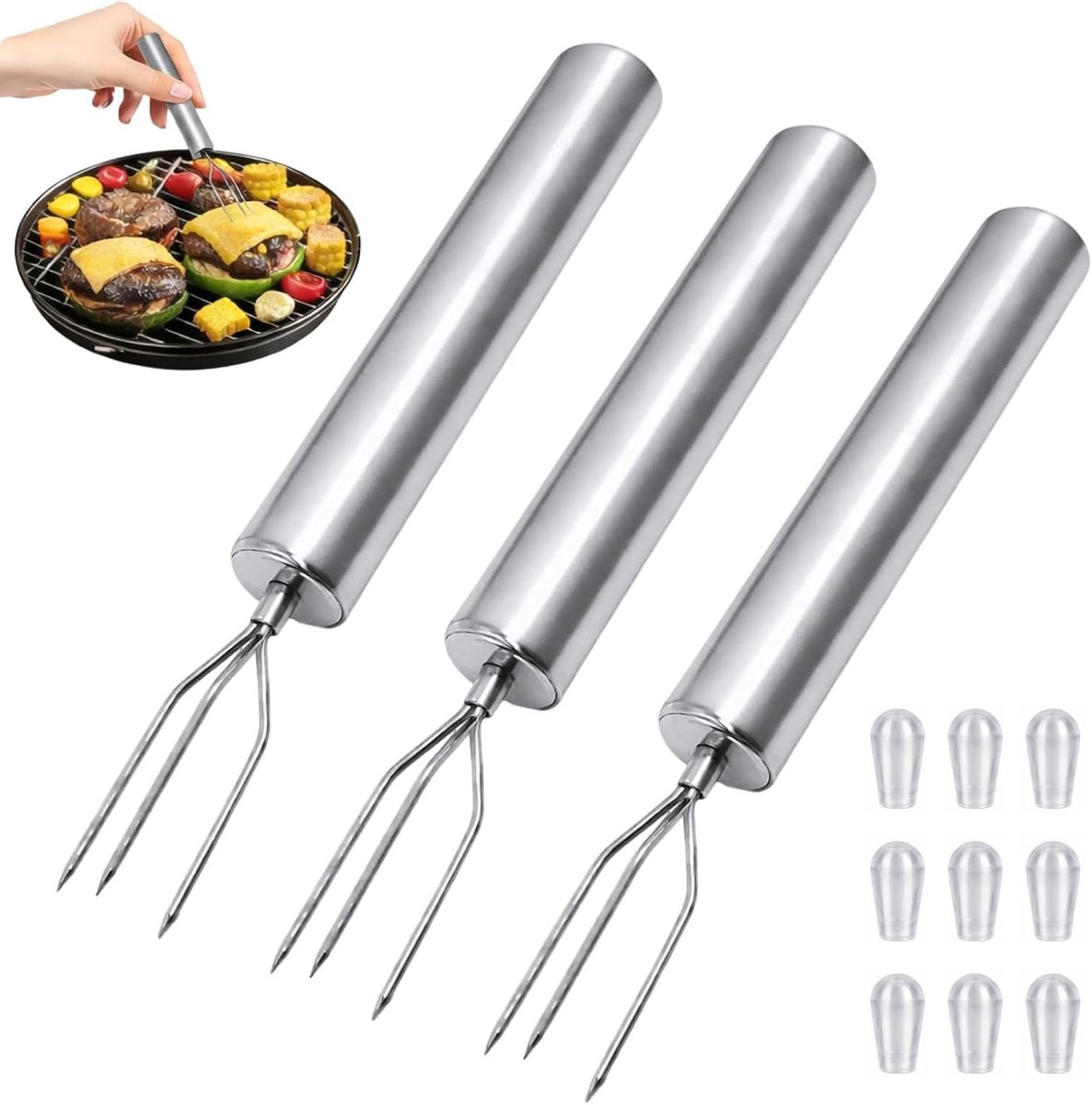 Set van 3 roestvrijstalen aardappelvorken met beschermkappen voor veilig schillen, stabiele drietandspiesjes voor maïskolven en groenten, ideaal voor grillen en barbecueën