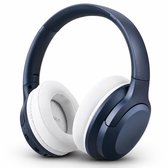 Donkerblauwe over-ear koptelefoon met witte oorkussens. Het merk 'WISEQ' is zichtbaar op de hoofdband.