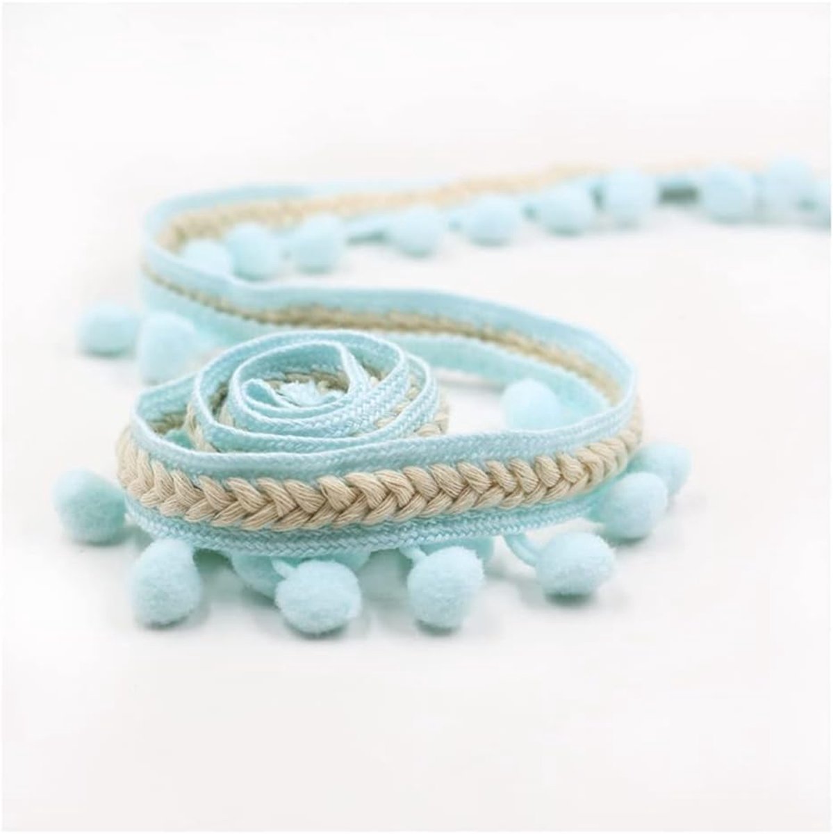 Pomponboord, 12 mm, pomponboord, pomponboord, kwastjes, kant, pomponband voor doe-het-zelf knutselen, kostuumkleding, gordijn, naaien, decoratie, lichtblauw
