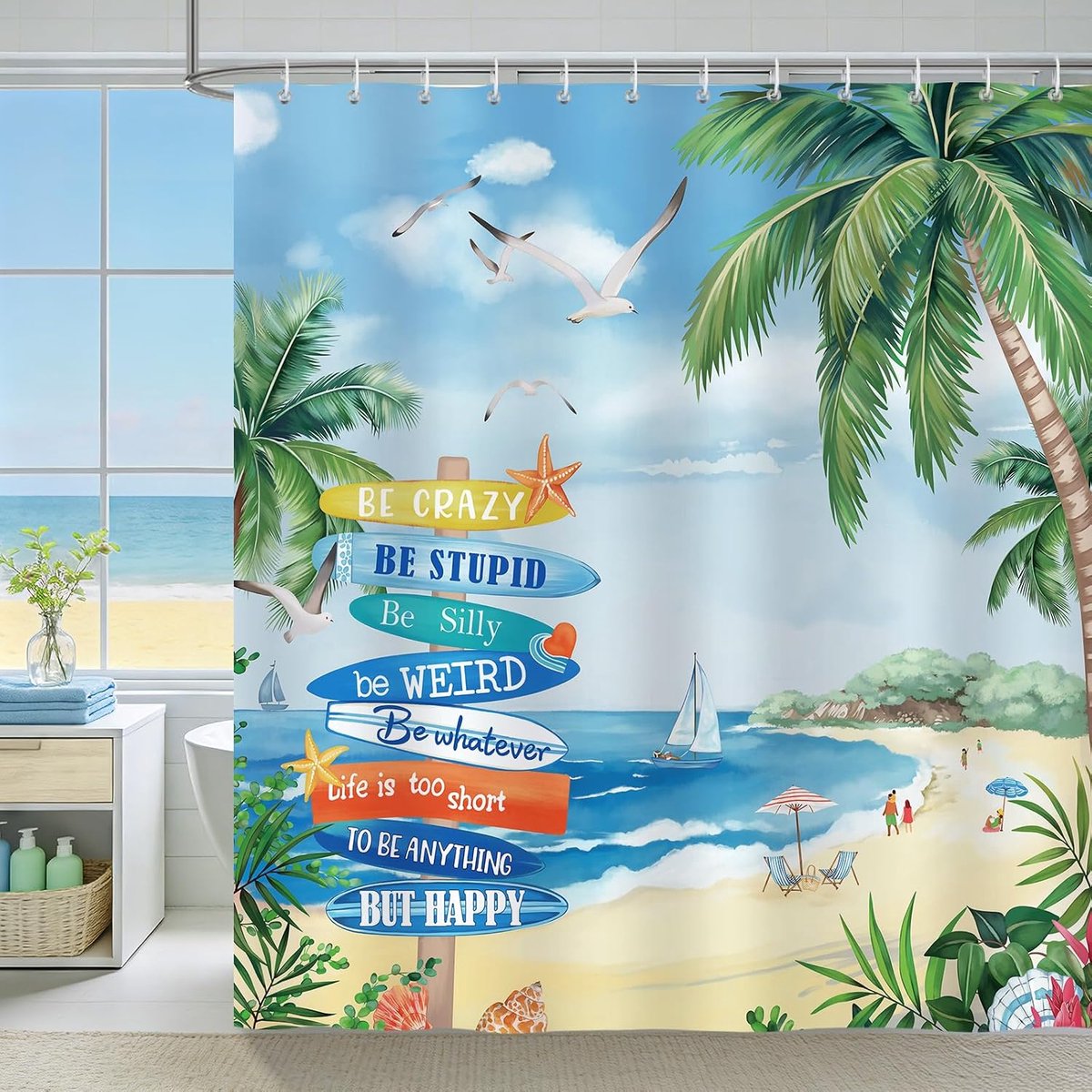 Strand douchegordijn, blauwe oceaan palmboom citaten Hawaiiaanse kust badkamer gordijn 180 x 180 cm, waterafstotend, schimmelbestendig polyester met 12 haken