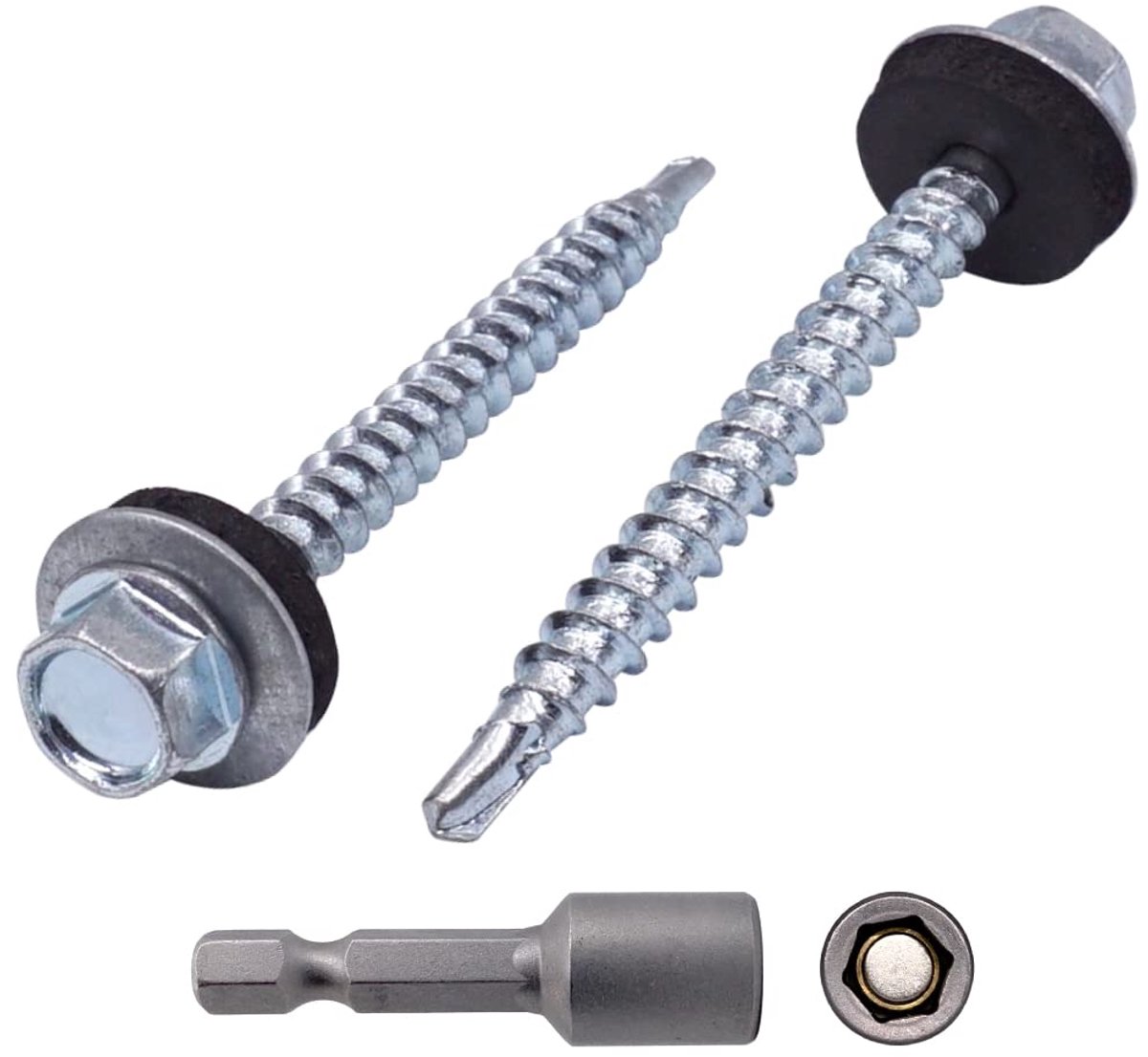 Verpakking van 500 stuks) DIN 7504-K verzinkt staal 4,8 x 50 mm zelfborende schroeven met EPDM-ringen, zeskantspoelkop, plaatschroef, zelftappend (500, 4,8 x 50 mm), zilver