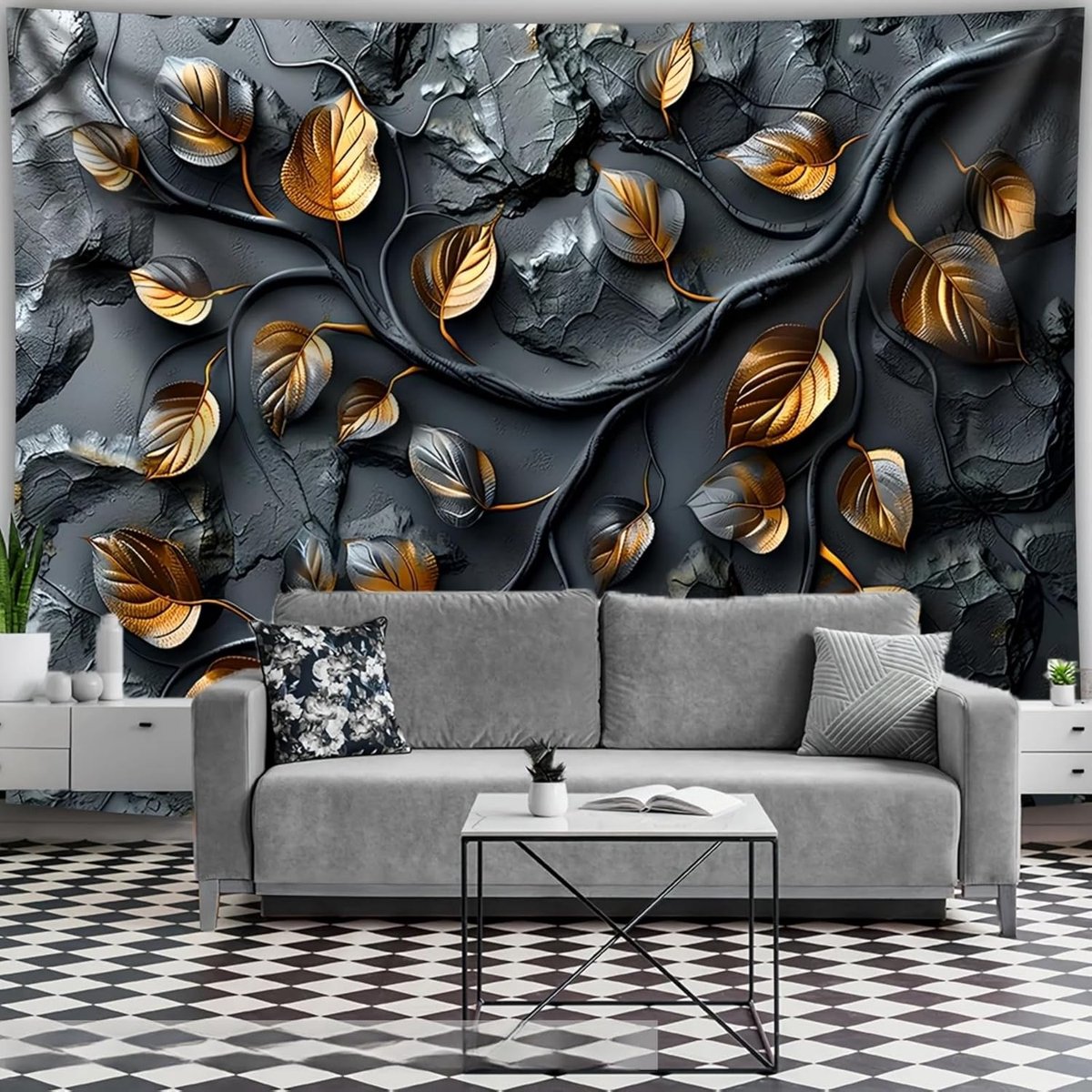 Wandtapijt met gouden bladeren, perfect voor slaapkamer, woning, woonkamer, moderne woondecoratie, zwart, groot 300 x 180 cm